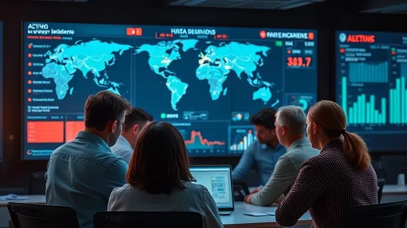 A photorealistic, professional photography, 8K, cinematic lighting, sharp focus, depth of field, shot on a high-end DSLR image depicting a digital dashboard with real-time threat alerts and a global map showing active cybersecurity incidents. A team of diverse professionals is gathered around, intensely focused on the screen, ready to respond. The atmosphere is urgent and highly technical.