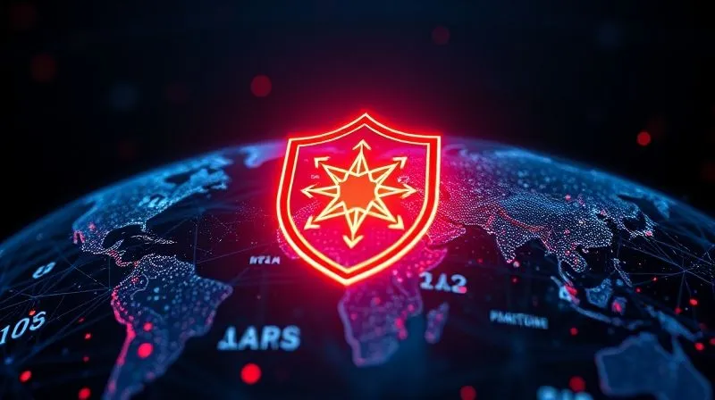 A photorealistic, professional photography, 8K, cinematic lighting, sharp focus, depth of field, shot on a high-end DSLR image showing a futuristic digital interface with abstract AI neural networks and quantum computing symbols overlaid on a global map. A glowing, intricate shield icon is prominently displayed, representing advanced protection against evolving technological threats. The mood is forward-looking and secure.