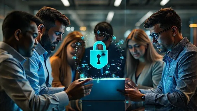 A photorealistic image of a diverse team of professionals collaborating securely around a digital interface, with strong cybersecurity symbols subtly integrated, representing robust company data protection, 8K, cinematic lighting, sharp focus, depth of field.