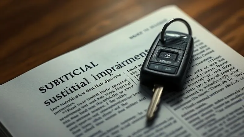 A close-up of a legal dictionary defining the term 'substantial impairment' with a car key resting on the open page, illuminated by soft, professional lighting. Photorealistic, professional photography, 8K, cinematic lighting, sharp focus on the text and key, depth of field blurring the background, shot on a high-end DSLR.