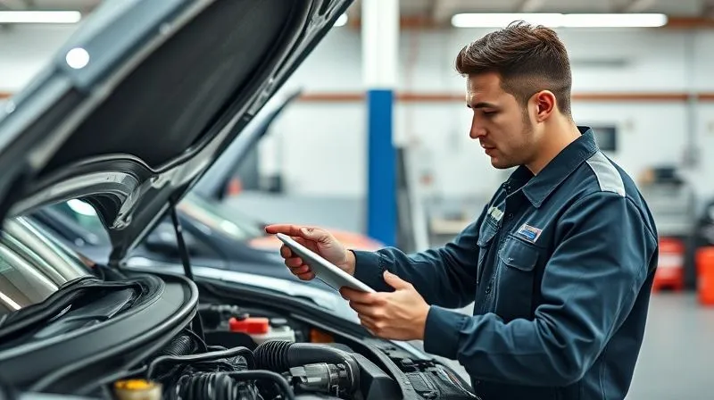 A professional mechanic in a clean, modern garage environment, wearing a uniform, intently examining a car's engine compartment with a diagnostic tablet in hand. The mechanic is pointing to a specific component, explaining something to an unseen client, with a clipboard visible on the workbench. Photorealistic, professional photography, 8K, cinematic lighting, sharp focus on the mechanic and engine, depth of field blurring the background, shot on a high-end DSLR.