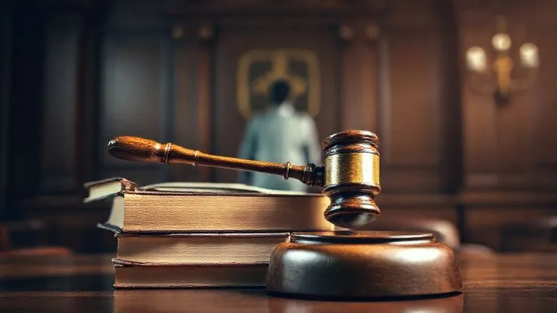 Photorealistic, professional photography of a vintage wooden gavel resting on a stack of legal books, with a blurred background of a courtroom. A faint, ethereal silhouette of a person stands behind the gavel, symbolizing justice and the individual's story. Cinematic lighting, sharp focus on the gavel, depth of field, 8K hyper-detailed, shot on a high-end DSLR.