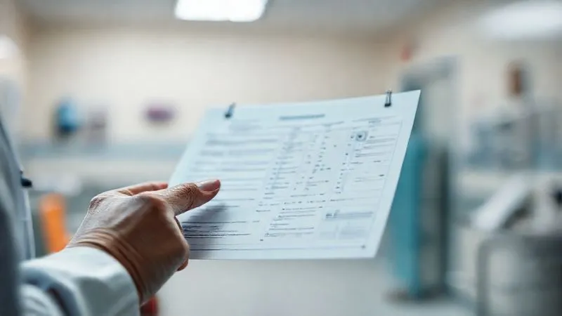 Photorealistic, professional photography of a doctor's hands gently holding a patient's medical chart, with a blurred background of a dimly lit, sterile clinic room. The focus is on the chart, with subtle details of medical notes and a pen. Cinematic lighting, sharp focus, depth of field, 8K hyper-detailed, shot on a high-end DSLR.