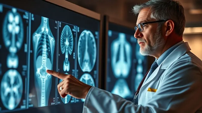A photorealistic, professional image of a medical expert (e.g., a doctor in a lab coat or suit) reviewing detailed X-rays and MRI scans on a lightboard or computer screen. They are pointing to a specific area on a scan with a serious, focused expression. Cinematic lighting, sharp focus on the medical details, depth of field blurring the background, 8K hyper-detailed.