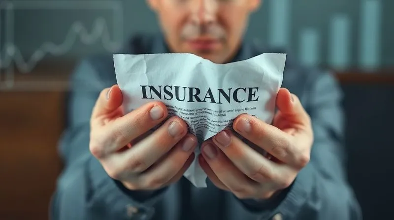 A photorealistic image of a person's hands holding a crumpled, torn insurance policy document, with a blurred background showing a worried expression on their face and a subtle overlay of abstract legal graphs or financial charts. The image conveys emotional distress and financial uncertainty. Cinematic lighting, sharp focus on the hands and document, depth of field, 8K hyper-detailed.