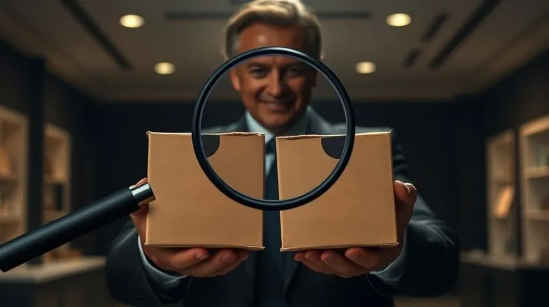 photorealistic, professional photography, 8K, cinematic lighting, sharp focus, depth of field, shot on a high-end DSLR. A shadowy figure in a suit with a slick, deceptive smile, holding up two identical boxes, but one is clearly worn and damaged, while the other is pristine and out of reach. The setting is a dimly lit showroom, emphasizing the contrast between the promised and the actual. A magnifying glass hovers over a small, almost invisible disclaimer.