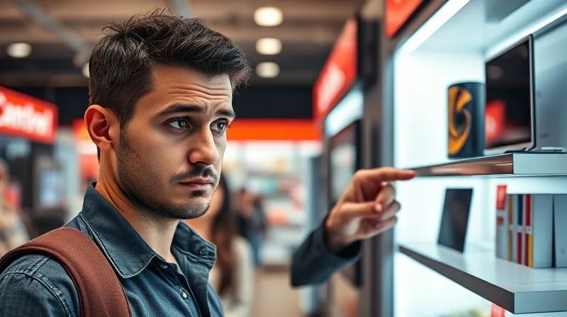 photorealistic, professional photography, 8K, cinematic lighting, sharp focus, depth of field, shot on a high-end DSLR. A consumer looking confused and slightly frustrated while a slick salesperson points emphatically at a different, more expensive product on a display shelf, away from the original advertised item. The setting is a bustling electronics store, with subtle visual cues of disparity between advertised price tags and actual product display.