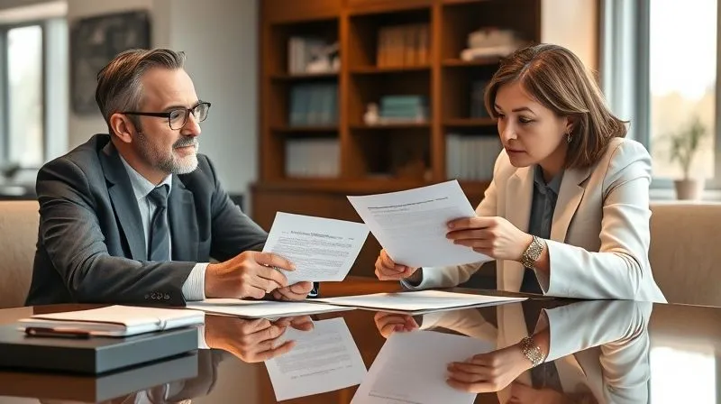 photorealistic, professional photography, 8K, cinematic lighting, sharp focus, depth of field, shot on a high-end DSLR. A consumer and a professional, empathetic lawyer sitting across a polished desk, reviewing documents intently. The lawyer points to a specific clause in a document, offering reassurance and clear explanation. The background is a modern, well-lit law office, conveying trust and expertise.