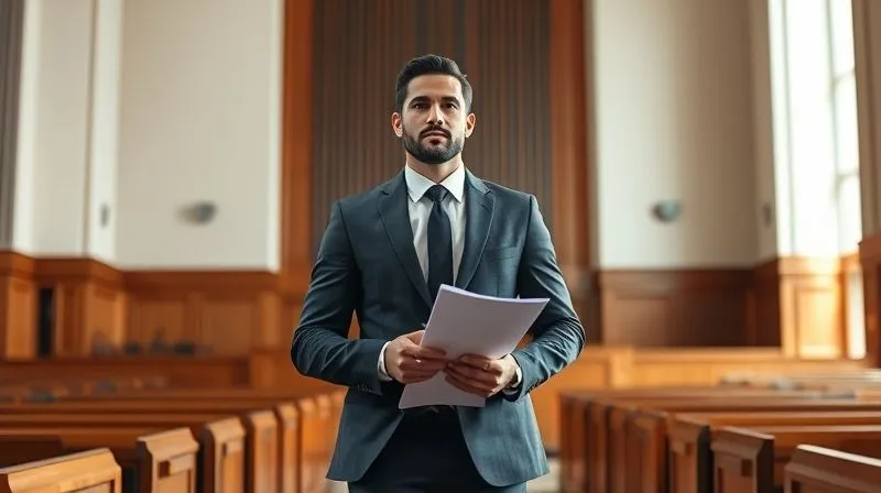 photorealistic, professional photography, 8K, cinematic lighting, sharp focus, depth of field, shot on a high-end DSLR. A strong, determined consumer standing confidently in a modern, light-filled courtroom, looking directly ahead, with legal documents in hand, symbolizing empowerment and justice. The setting is professional and hopeful, emphasizing a successful outcome after a legal battle.