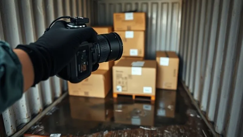 A close-up, photorealistic shot of water-damaged cargo inside a shipping container, with water stains on cardboard boxes and a puddle on the floor. A gloved hand uses a professional camera to document the scene. Cinematic lighting, sharp focus on the damage, depth of field blurring the container's interior, 8K, shot on a high-end DSLR.