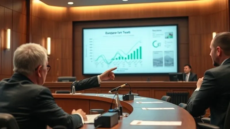 A photorealistic professional photograph of a distinguished environmental expert witness, mid-testimony, confidently explaining a complex scientific diagram to a judge and jury in a modern courtroom. The expert is pointing to a graph on a large screen, with the judge listening intently. Cinematic lighting, sharp focus on the expert and diagram, depth of field blurring the background, 8K hyper-detailed, shot on a high-end DSLR.