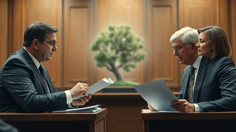 A photorealistic professional photograph depicting a metaphorical legal battle. Two distinct legal teams, one representing the plaintiff (focused on scientific charts and data), the other the defense (with documents suggesting alternative theories), are engaged in a tense courtroom setting. A subtle, ethereal image of a damaged ecosystem (e.g., a dying tree or polluted water) is faintly visible in the background, representing the stakes. Cinematic lighting, sharp focus on the legal teams' determined expressions, depth of field blurring the background, 8K hyper-detailed, shot on a high-end DSLR.