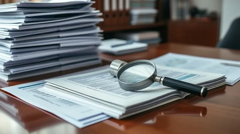 A photorealistic, professional photography, 8K, cinematic lighting, sharp focus, depth of field, shot on a high-end DSLR, showing stacks of meticulously organized medical records, documents, and charts on a polished legal desk, with a magnifying glass resting on an open file, conveying detailed investigation and the weight of evidence.