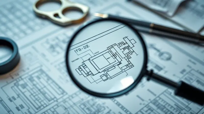 A photorealistic image of a complex blueprint or schematic diagram for a medical device, with a magnifying glass hovering over a specific, intricate section, highlighting a potential flaw. The background features blurred engineering tools and legal documents. Cinematic lighting, sharp focus on the blueprint, 8K hyper-detailed.