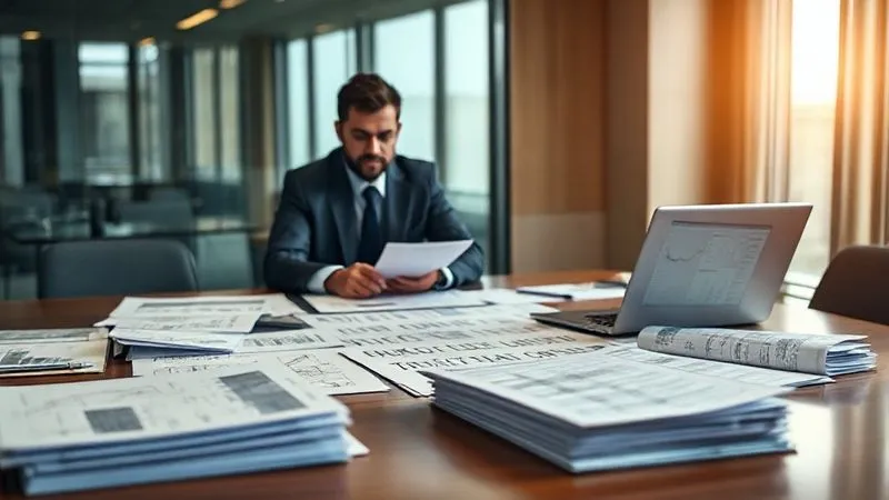 A photorealistic image showing a legal team meticulously sifting through stacks of complex engineering documents, schematics, and internal company reports on a large conference table. A laptop displays data analysis. Cinematic lighting, sharp focus on the documents, depth of field blurring the background, 8K hyper-detailed, professional photography.