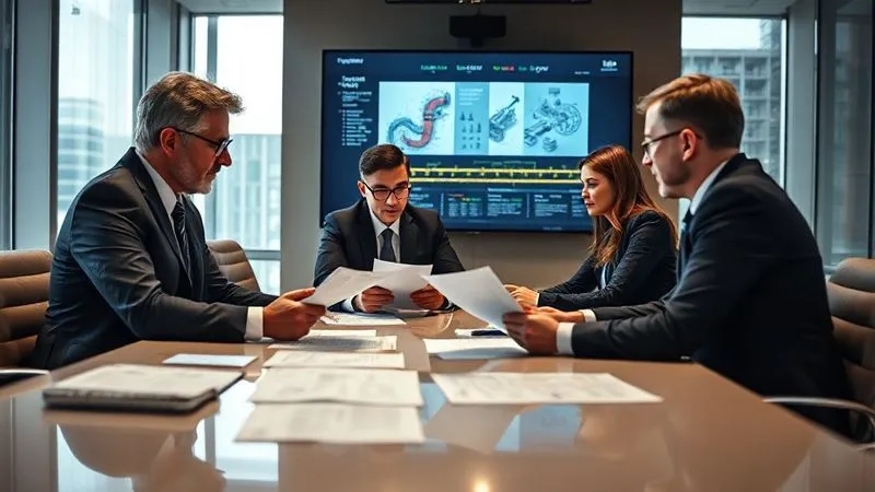 A photorealistic image of a legal team intently reviewing documents and strategy notes in a modern, well-lit conference room, with a large screen displaying complex engineering diagrams and a timeline. The atmosphere is serious and focused, reflecting strategic planning. Cinematic lighting, sharp focus on the team and documents, depth of field blurring the background, 8K hyper-detailed, professional photography.