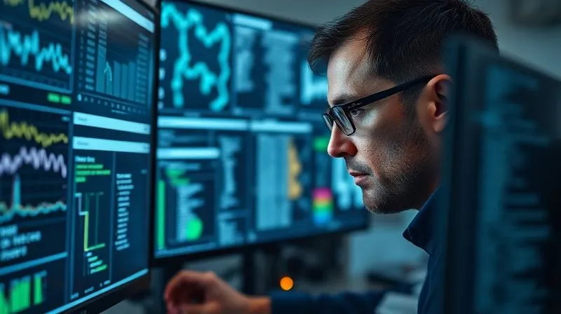 A photorealistic image of a forensic data analyst meticulously examining multiple digital screens, displaying complex data visualizations, network graphs, and hexadecimal code. The analyst is wearing glasses, with a focused expression. Cinematic lighting highlights the screens and the intense concentration, sharp focus on the data, depth of field blurring the background of a high-tech lab. 8K hyper-detailed, professional photography, shot on a high-end DSLR.
