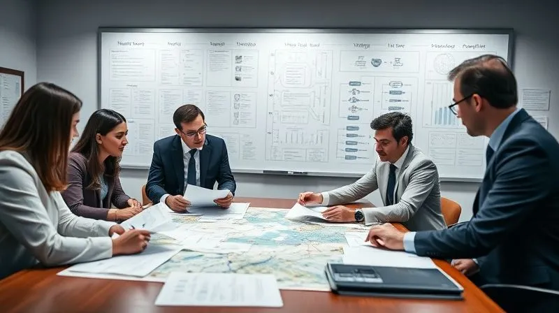 A photorealistic image of a diverse legal team meticulously examining maps and documents on a large table, with a whiteboard in the background covered in flowcharts and timelines, cinematic lighting, sharp focus on the team and documents, depth of field, 8K hyper-detailed, professional photography, shot on a high-end DSLR.