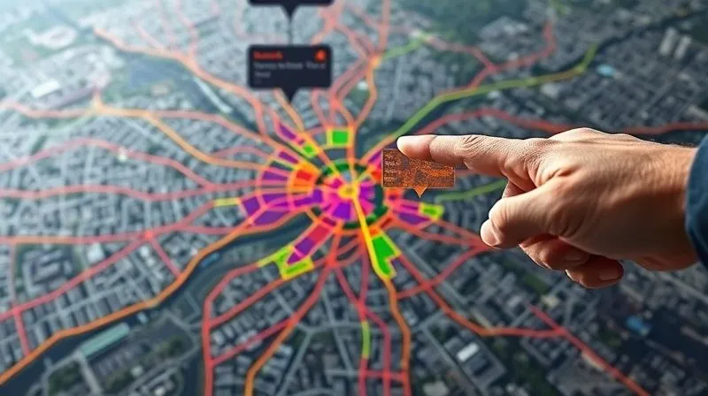 A photorealistic image of a digital map displaying complex gerrymandered district lines in vibrant colors, overlaid on a satellite image of a city, with demographic data pop-ups. A hand points to a specific, unusually shaped district, cinematic lighting, sharp focus, depth of field, 8K hyper-detailed, professional photography, shot on a high-end DSLR.