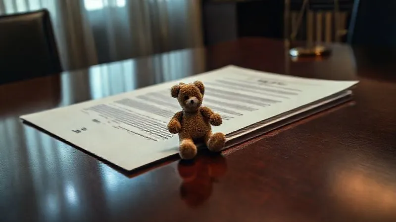 A solemn, photorealistic image of a legal brief or important document on a polished dark wood table, with a single, delicate child's toy like a small, worn teddy bear placed respectfully beside it. Soft, cinematic lighting highlights the documents and toy, casting subtle shadows. Sharp focus on the legal papers and toy, with a shallow depth of field blurring a subtle background of a courtroom or a lawyer's office. 8K hyper-detailed, professional photography, shot on a high-end DSLR.