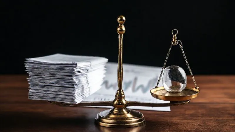 A legal scale perfectly balanced, with a stack of documents on one side and a magnifying glass over a chart on the other, representing the meticulous balancing of evidence. Photorealistic, professional photography, 8K, cinematic lighting, sharp focus, depth of field, shot on a high-end DSLR.
