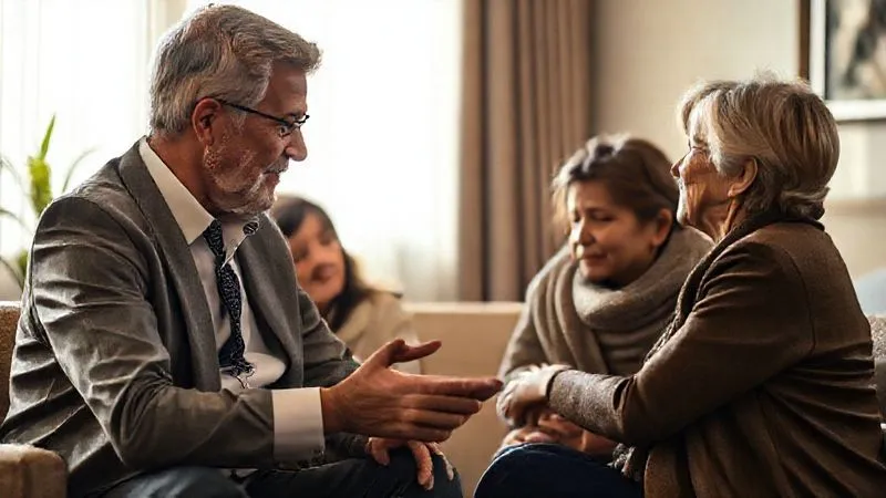 A compassionate lawyer speaking with a grieving family in a professional, empathetic setting, soft light, symbolizing support and the pursuit of justice. Photorealistic, professional photography, 8K, cinematic lighting, sharp focus, depth of field, shot on a high-end DSLR.