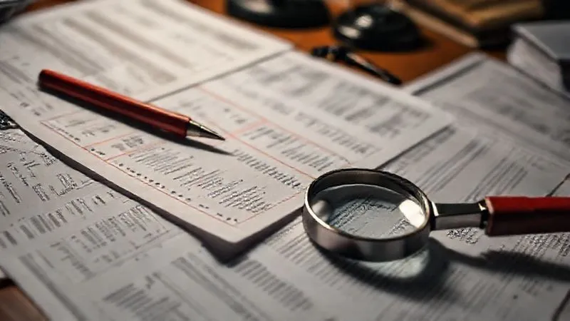 A photorealistic image of a detective's desk with scattered financial documents, a red pen circling suspicious entries, and a magnifying glass. The lighting is focused and dramatic, highlighting the details. Professional photography, 8K, cinematic lighting, sharp focus on the documents, depth of field blurring the background, shot on a high-end DSLR. The image conveys scrutiny and the search for truth.