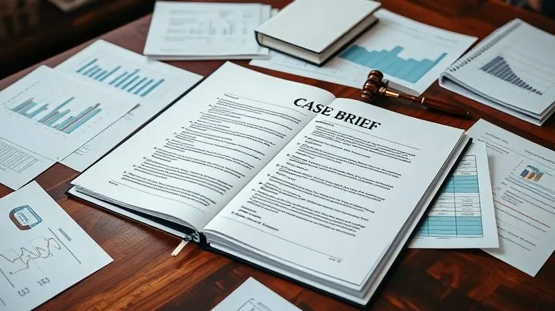 A photorealistic image of a legal brief or case file open on a polished mahogany desk, with various research papers and data printouts surrounding it, suggesting deep legal analysis. Cinematic lighting highlights the documents, sharp focus on the textual content, depth of field blurring the background, 8K hyper-detailed, professional photography, shot on a high-end DSLR.