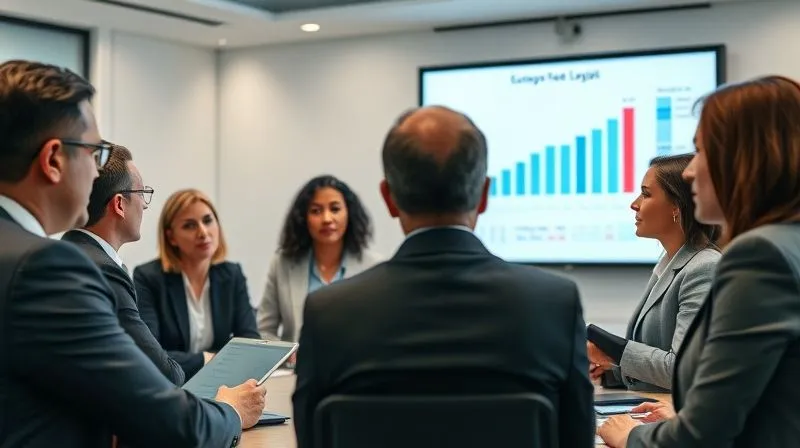 A photorealistic image of a diverse group of legal professionals in a modern, well-lit conference room, engaged in a deep discussion, with charts and graphs projected onto a screen in the background. Cinematic lighting, sharp focus on the group, depth of field, 8K hyper-detailed, professional photography, shot on a high-end DSLR.