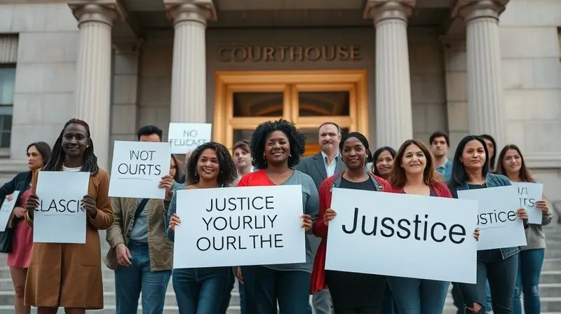 A photorealistic image of a diverse group of people standing in solidarity outside a modern courthouse, holding subtle signs that represent justice and equality, without specific text. Cinematic lighting, sharp focus on the faces, depth of field blurring the building, 8K hyper-detailed, professional photography, shot on a high-end DSLR.