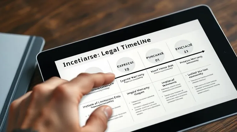 A photorealistic image of a detailed legal timeline chart, highlighting 'Purchase Date,' 'Express Warranty Expiration,' 'Implied Warranty Reasonable Lifespan,' and 'Statute of Limitations End.' The timeline is presented as a professional infographic on a tablet screen, with a hand pointing to the implied warranty section. Cinematic lighting, sharp focus, 8K, shot on high-end DSLR.