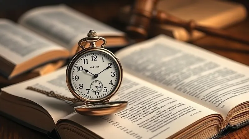 A photorealistic image of a vintage pocket watch resting on an open legal textbook, with the hands of the watch nearing midnight. The background is slightly blurred, showing other law books and a gavel. The image evokes a sense of urgency and the critical nature of deadlines in legal matters. Cinematic lighting, sharp focus on the watch and book, 8K, shot on high-end DSLR.