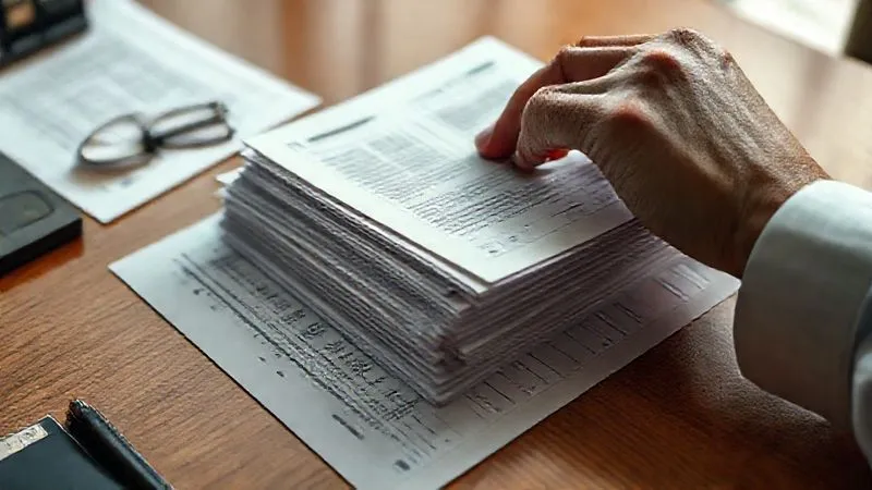 A photorealistic close-up of a hand meticulously organizing a stack of legal documents, including receipts, warranty cards, and repair invoices, on a polished wooden desk. Professional photography, 8K, cinematic lighting, sharp focus on the documents, depth of field, shot on a high-end DSLR.