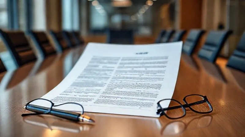 A photorealistic image of a legal brief open on a conference table, with a pen and a pair of reading glasses beside it. The background shows a modern office interior with subtle light. Professional photography, 8K, cinematic lighting, sharp focus on the document, depth of field, shot on a high-end DSLR.