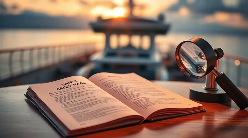 A photorealistic image of a detailed ship's safety manual open on a table next to a magnifying glass, with a blurred background of a cruise ship deck at sunset. Cinematic lighting, sharp focus on the manual's text, depth of field, 8K hyper-detailed, professional photography, shot on a high-end DSLR.