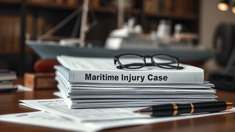 A photorealistic image of a stack of legal documents and files labeled 'Maritime Injury Case' on a lawyer's desk, with a pen and reading glasses. Cinematic lighting, sharp focus on the documents, depth of field blurring a background of a ship model. 8K hyper-detailed, professional photography, shot on a high-end DSLR.
