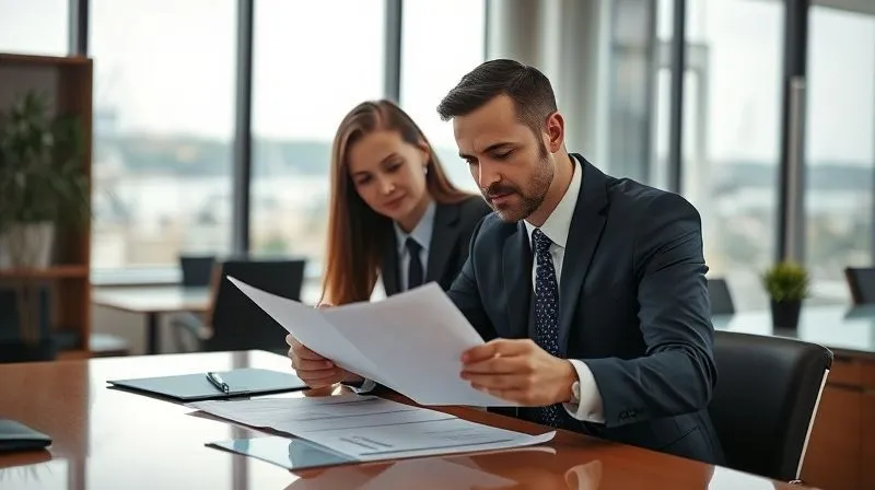 A photorealistic image of two professional-looking individuals (attorney and client) reviewing legal documents in a modern, well-lit office, with a large window showing a harbor view in the background. Cinematic lighting, sharp focus on the people and documents, depth of field, 8K hyper-detailed, professional photography, shot on a high-end DSLR.