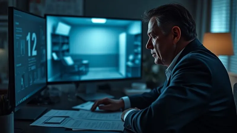 A photorealistic, professional photography shot of a detective in a dimly lit office, intently reviewing video footage on a monitor, with notes and legal documents spread across the desk. The screen shows a blurred image of an interrogation room, and the detective's face is illuminated by the screen's glow, conveying deep concentration. 8K, cinematic lighting, sharp focus on the detective and monitor, depth of field.