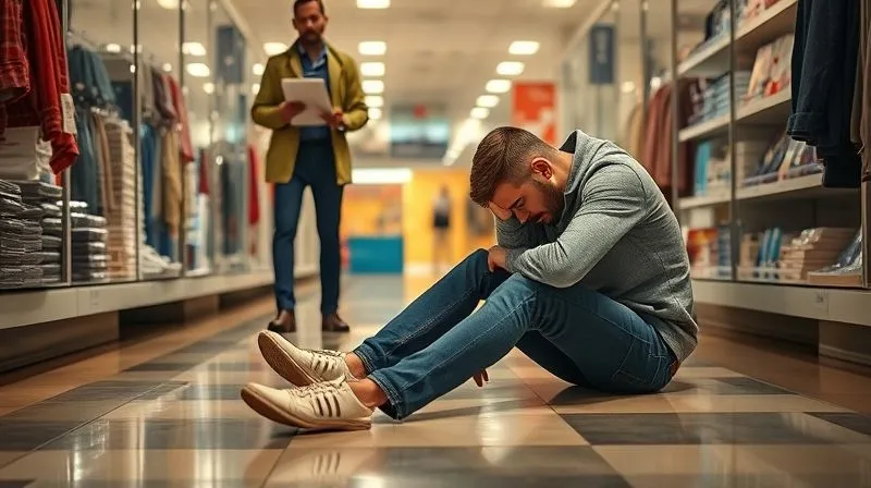 photorealistic, professional photography, 8K, cinematic lighting, sharp focus, depth of field, shot on a high-end DSLR, a person sitting on the floor after a fall, looking distressed, while a store employee approaches with a clipboard, emphasizing the immediate aftermath and reporting, soft diffused light