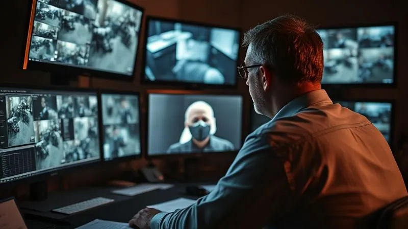 photorealistic, professional photography, 8K, cinematic lighting, sharp focus, depth of field, shot on a high-end DSLR, a person meticulously reviewing security camera footage on multiple screens, detective-like focus, dimly lit room with glowing monitors, a sense of intense investigation, legal documents scattered on the desk