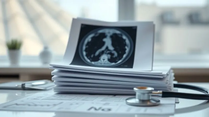 photorealistic, professional photography, 8K, cinematic lighting, sharp focus, depth of field, shot on a high-end DSLR, a stack of medical charts, an open MRI scan image, and a doctor's stethoscope on a clean, modern desk, representing detailed medical documentation, soft natural light