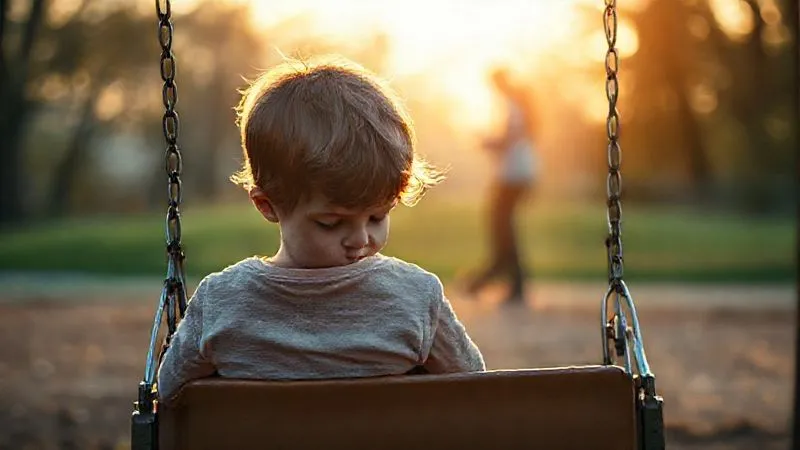A photorealistic, professional photography, 8K, cinematic lighting, sharp focus, depth of field, shot on a high-end DSLR. Image of a child sitting alone on a swing set, looking downcast, with a blurred image of two arguing adult silhouettes in the distant background, symbolizing the emotional isolation and distress caused by parental conflict and alienation.
