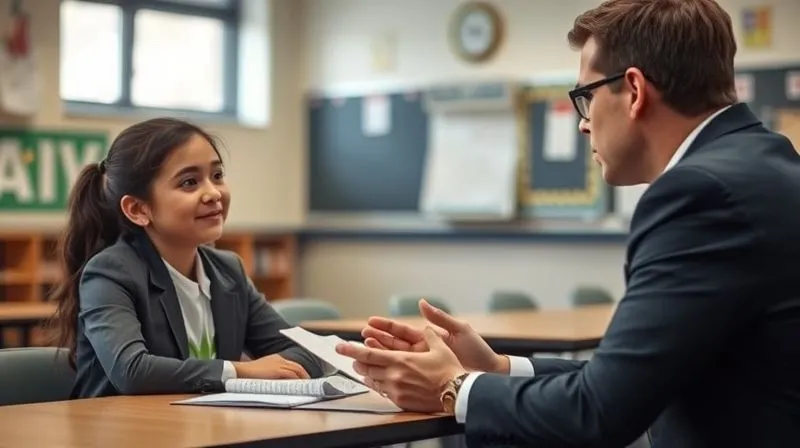 A photorealistic image of a lawyer interviewing a student witness in a school setting, emphasizing the importance of gathering witness testimonies, shot with a focus on the lawyer and the student, and a blurred background to maintain privacy and professionalism.