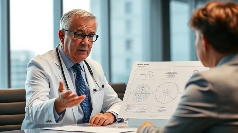 A photorealistic, professional photography, 8K, cinematic lighting, sharp focus, depth of field, shot on a high-end DSLR. Image of a seasoned medical expert, dressed professionally, in a modern conference room, gesturing confidently while discussing a complex diagram with a lawyer. The expert's expression is authoritative and clear, conveying deep understanding and persuasive communication. The setting is bright and professional.