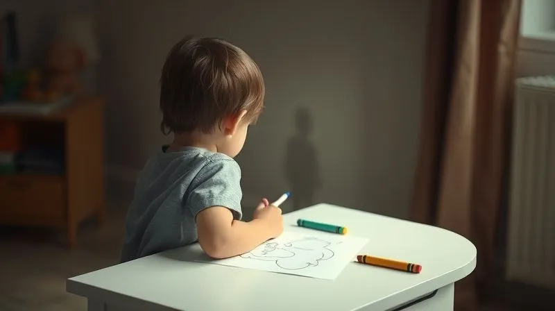 A photorealistic image of a child drawing with crayons at a small table, their back to the viewer, in a softly lit, safe-feeling room. A subtle shadow of an adult figure looms slightly in the background, out of focus, symbolizing the lingering presence of control. Professional photography, 8K, cinematic lighting, sharp focus on the child and drawing, depth of field blurring the background.