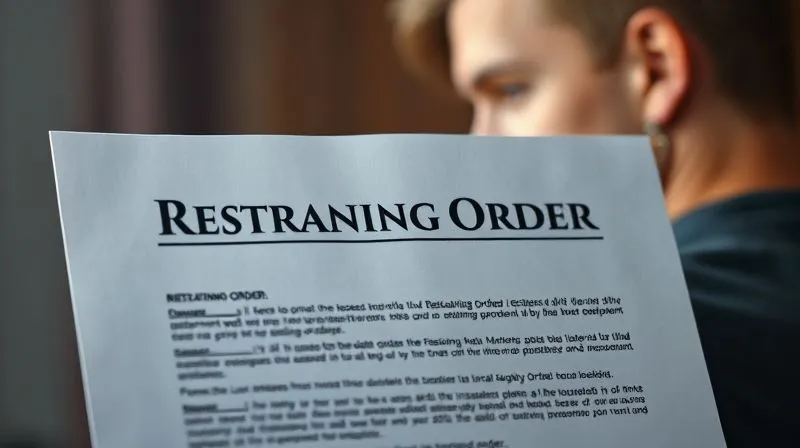 A photorealistic image of a legal document titled 'Restraining Order' with a blurred background showing a person looking over their shoulder cautiously. The document is in sharp focus, 8K, cinematic lighting, professional photography, depth of field. The mood is one of quiet determination and vigilance.