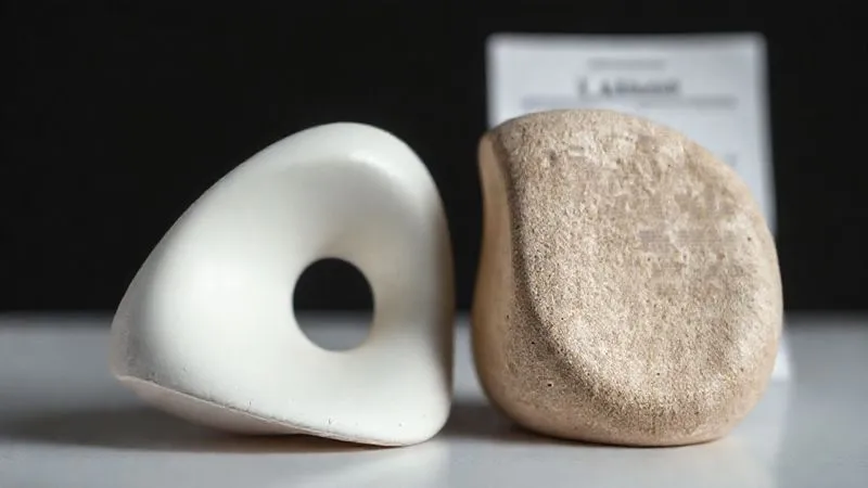 A photorealistic close-up of two distinct, abstract product designs, one clearly unique and the other with a history of market recognition, side-by-side, under studio lighting. Sharp focus on the design textures and forms, depth of field subtly blurring a legal brief in the background. Professional photography, 8K hyper-detailed.