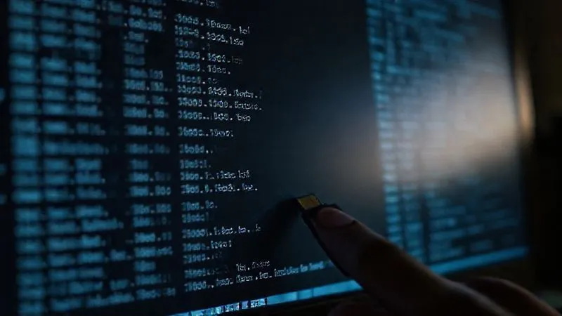 A close-up of a computer screen displaying a complex data transfer log with timestamps and file names, alongside a partially visible hand subtly attempting to plug in a USB drive. The scene is dimly lit, emphasizing clandestine activity. Photorealistic, professional photography, 8K, cinematic lighting, sharp focus on the screen and hand, depth of field blurring the background, shot on a high-end DSLR.