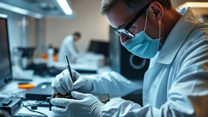 A forensic investigator, wearing gloves and a lab coat, meticulously examines a computer hard drive in a sterile, high-tech lab environment. Specialized digital forensic tools and equipment are visible on the workbench, bathed in cool, analytical lighting. Photorealistic, professional photography, 8K, cinematic lighting, sharp focus on the hard drive and investigator's hands, depth of field blurring the background, shot on a high-end DSLR.