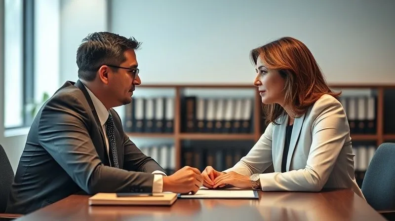 A photorealistic, professional photography, 8K image of two individuals, one appearing to be a client and the other a legal advisor, engaged in a serious, confidential discussion across a desk in a modern, well-lit office, with legal books subtly in the background, cinematic lighting, sharp focus on their faces, depth of field, shot on a high-end DSLR.